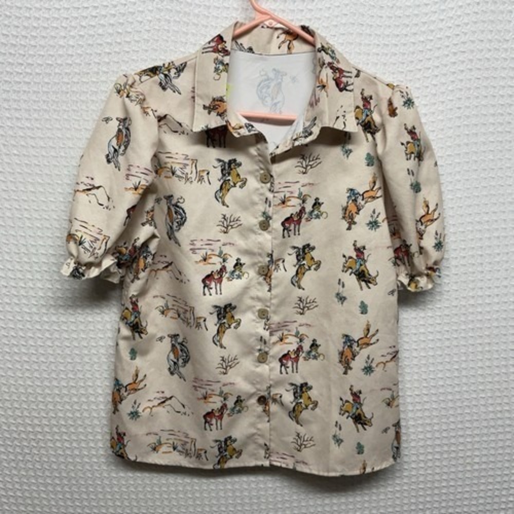 VTG Shein Tan Puff Short Slv. Cowgirl Horses Rodeo Western Shirt Women M China